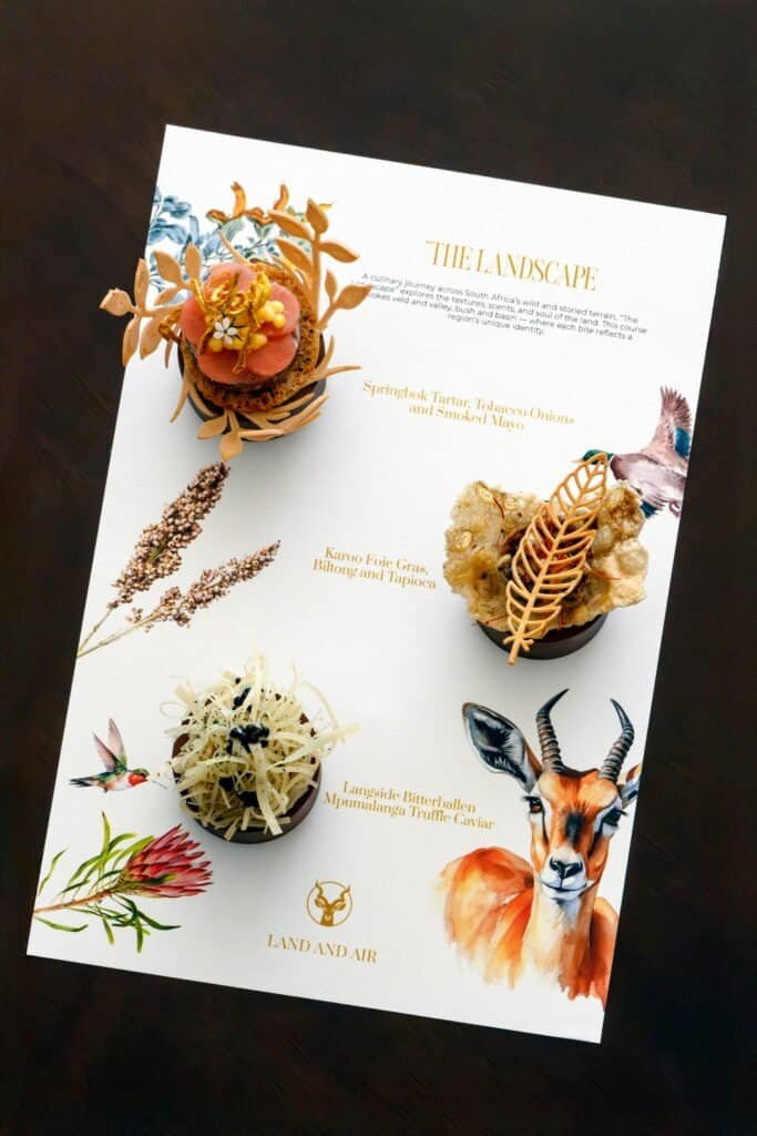 Springbok tartar, tobacco onions, smoked mayo, culinary presentation, restaurant at Palm House Boutique Hotel and Spa, South Africa luxury dining.